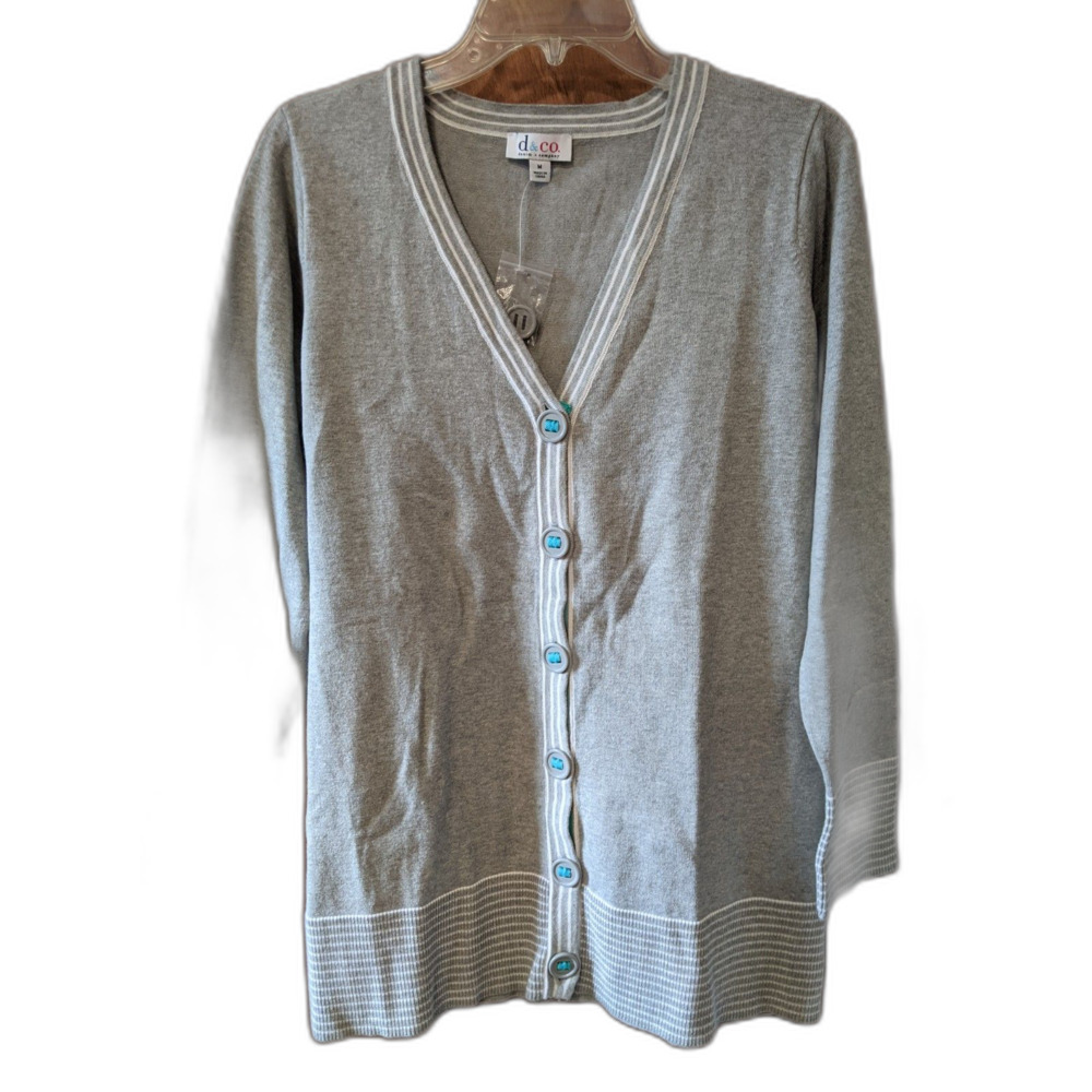 Denim & Co Gray V-Neck Cardigan Sweater Grandmacore Coastal Grandma Sz M NEW